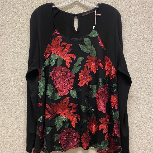 AZEL HAZEL HAZE Floral Sequins Festive Long Sleeve Scoop Neck Blouse Top XL - Picture 1 of 6